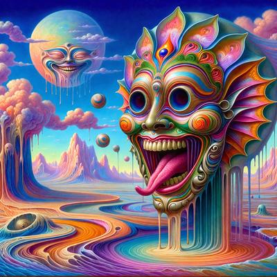 The primary subject of the image is a colorful, surreal painting featuring a face with a large tongue sticking out. The face is painted with vibrant colors, and the tongue is painted in a contrasting color. The setting is a surreal landscape with a moon in the background, adding to the dreamlike atmosphere of the painting. The visual style is a combination of digital art and illustration, creating a unique and captivating piece of art. The dominant colors and overall atmosphere of the painting are lively, whimsical